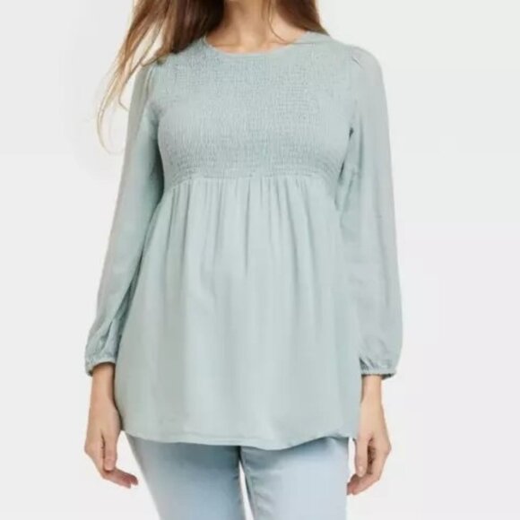 Isabel Maternity Long Sleeve Shirred Bodice Sheer Lined Maternity Shirt Mint NWT - Picture 3 of 11